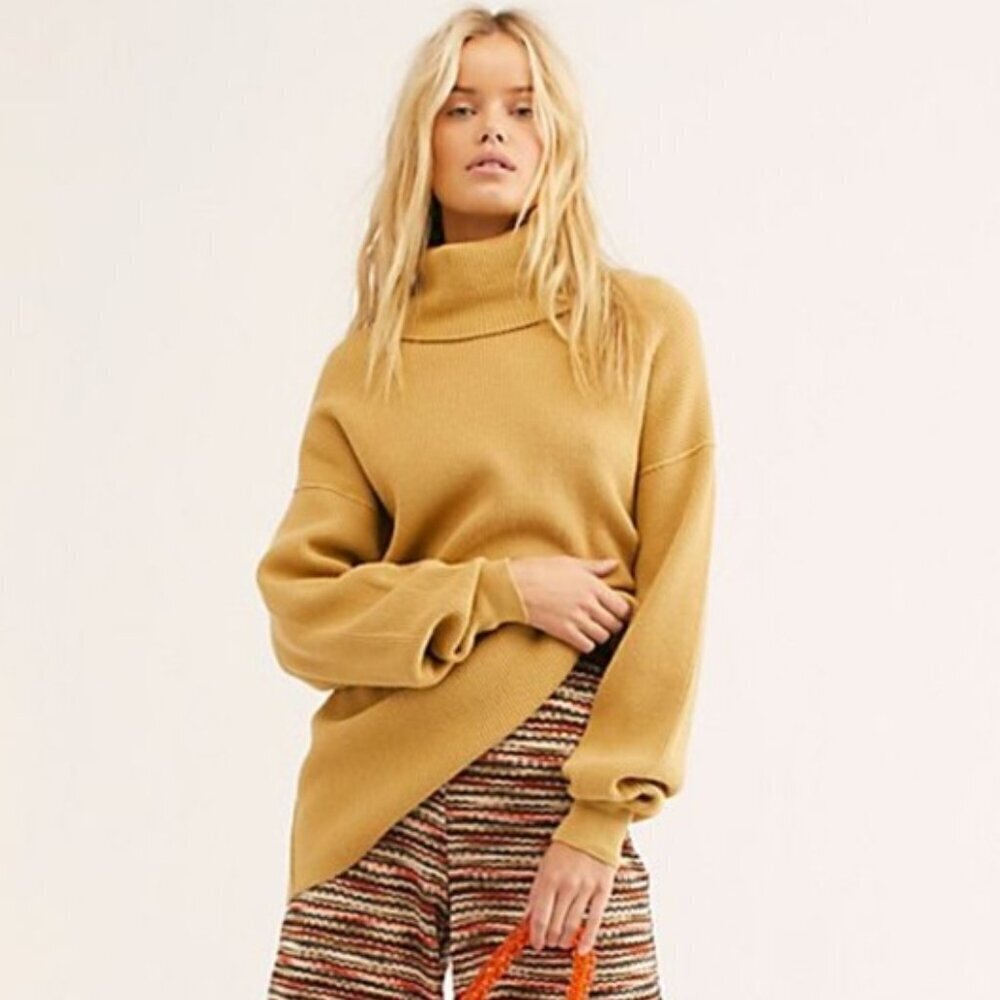 Free People Softly Structured Turtleneck Tunic Knit Sweater Mustard Yellow Small
